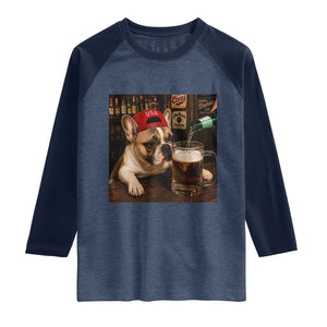 French Bulldog Drinking Beer Raglan Shirt Silly Dog Meme Graphic Sarcastic Gift