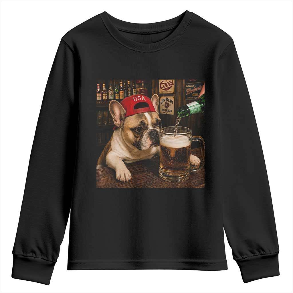 French Bulldog Drinking Beer Youth Sweatshirt Silly Dog Meme Graphic Sarcastic Gift TS10 Black Print Your Wear