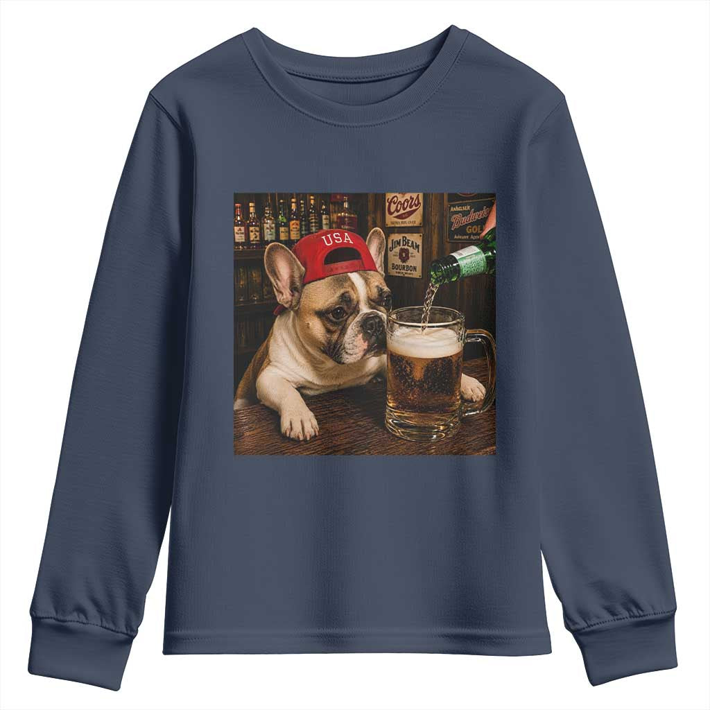 French Bulldog Drinking Beer Youth Sweatshirt Silly Dog Meme Graphic Sarcastic Gift