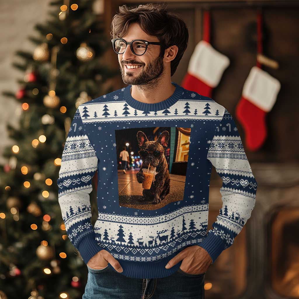 French Bulldog Iced Coffee Ugly Christmas Sweater Grunge Frenchie Graphic Funny Dog Lover