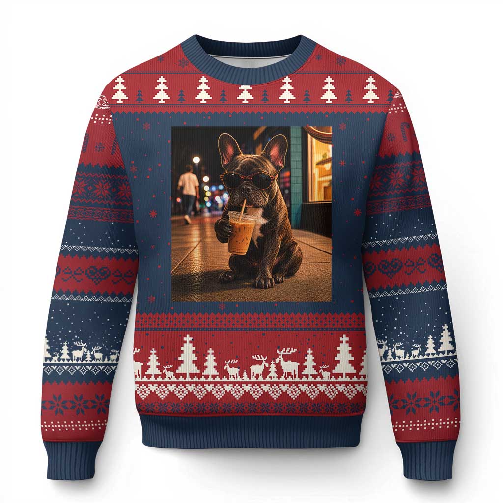 French Bulldog Iced Coffee Ugly Christmas Sweater Grunge Frenchie Graphic Funny Dog Lover TS10 Navy Red Print Your Wear
