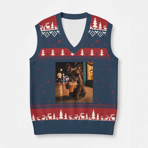 French Bulldog Iced Coffee V-Neck Knit Sweater Vest Grunge Frenchie Graphic Funny Dog Lover