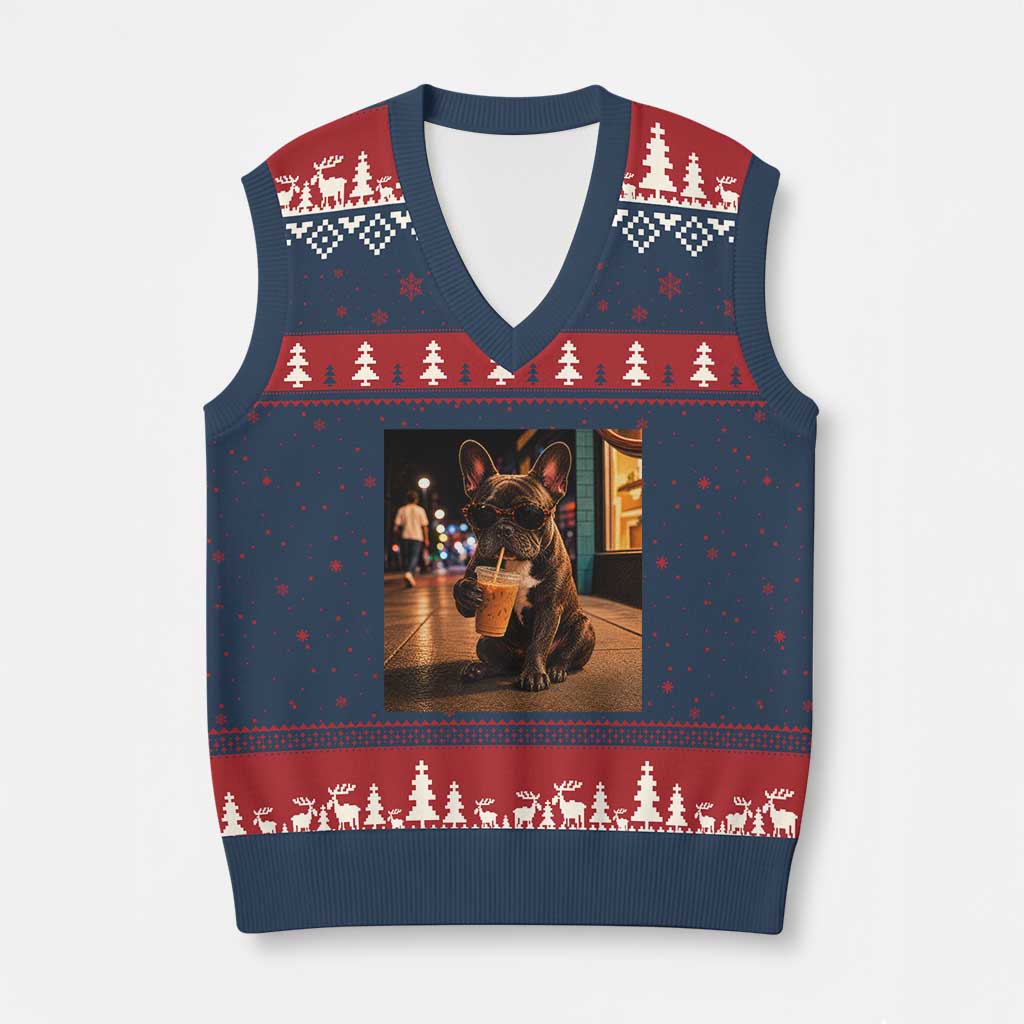 French Bulldog Iced Coffee V-Neck Knit Sweater Vest Grunge Frenchie Graphic Funny Dog Lover TS10 Navy Red Print Your Wear