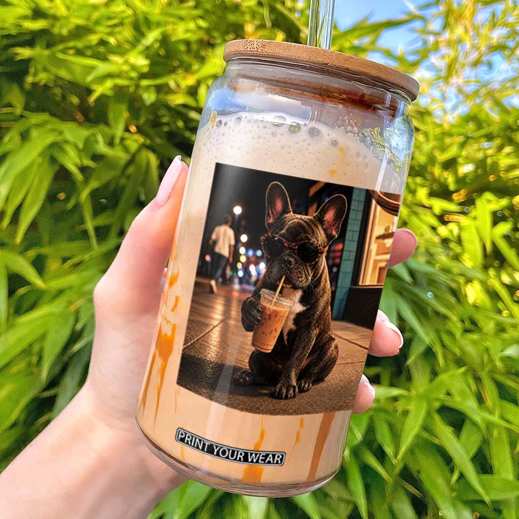 French Bulldog Iced Coffee Glass Can Grunge Frenchie Graphic Funny Dog Lover