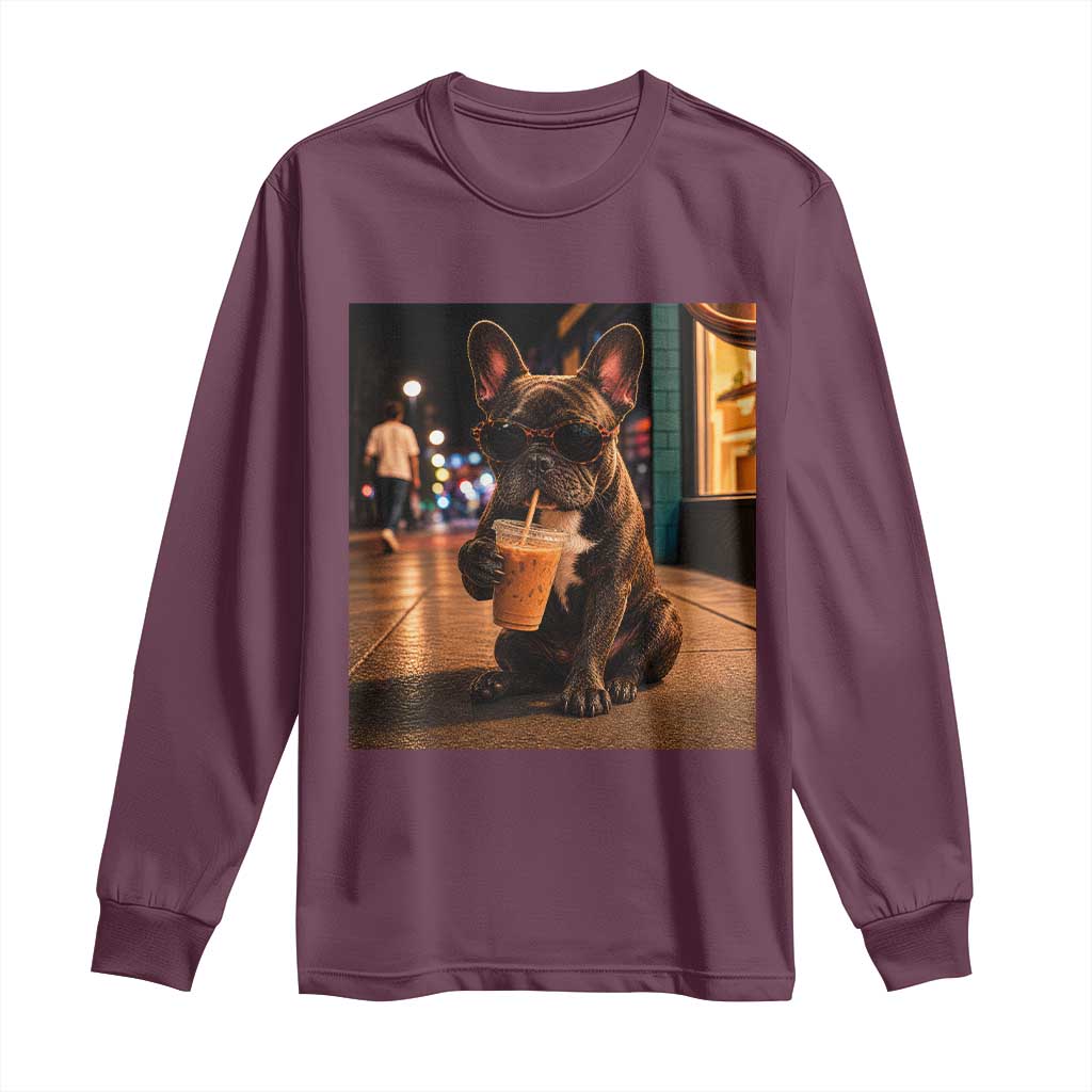 French Bulldog Iced Coffee Long Sleeve Shirt Grunge Frenchie Graphic Funny Dog Lover