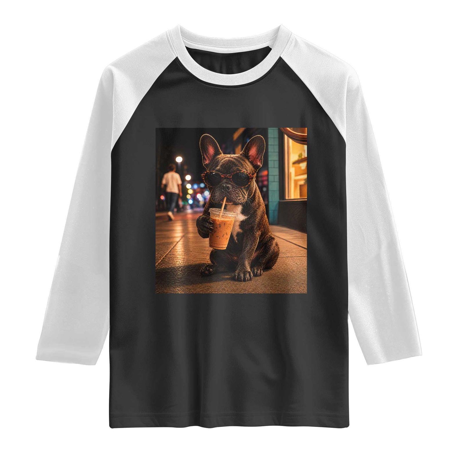 French Bulldog Iced Coffee Raglan Shirt Grunge Frenchie Graphic Funny Dog Lover TS10 Black White Print Your Wear