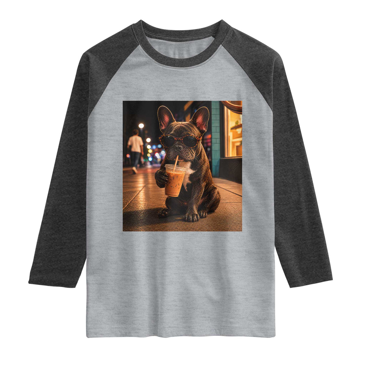 French Bulldog Iced Coffee Raglan Shirt Grunge Frenchie Graphic Funny Dog Lover