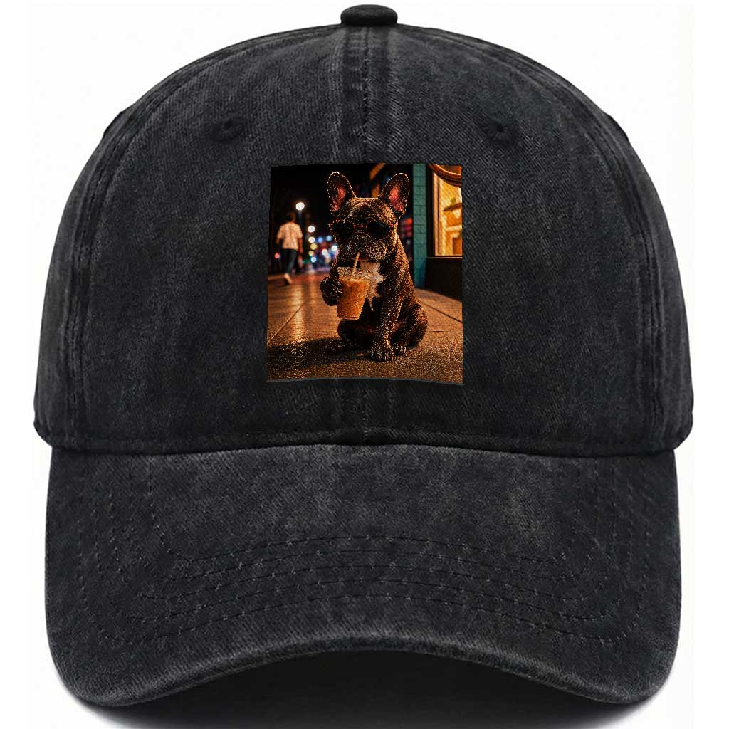 French Bulldog Iced Coffee Washed Cotton Baseball Cap Grunge Frenchie Graphic Funny Dog Lover TS10 Print Your Wear