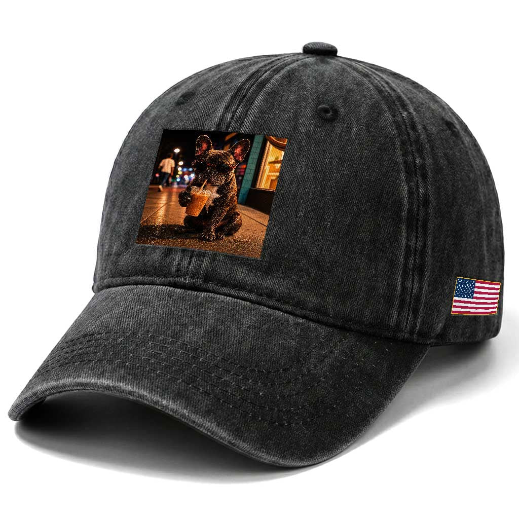 French Bulldog Iced Coffee Washed Cotton Baseball Cap Grunge Frenchie Graphic Funny Dog Lover