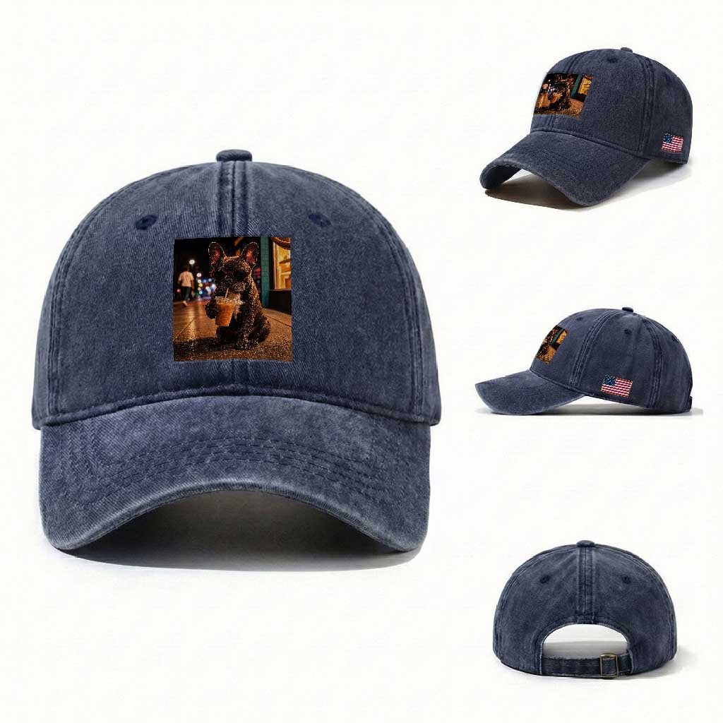 French Bulldog Iced Coffee Washed Cotton Baseball Cap Grunge Frenchie Graphic Funny Dog Lover