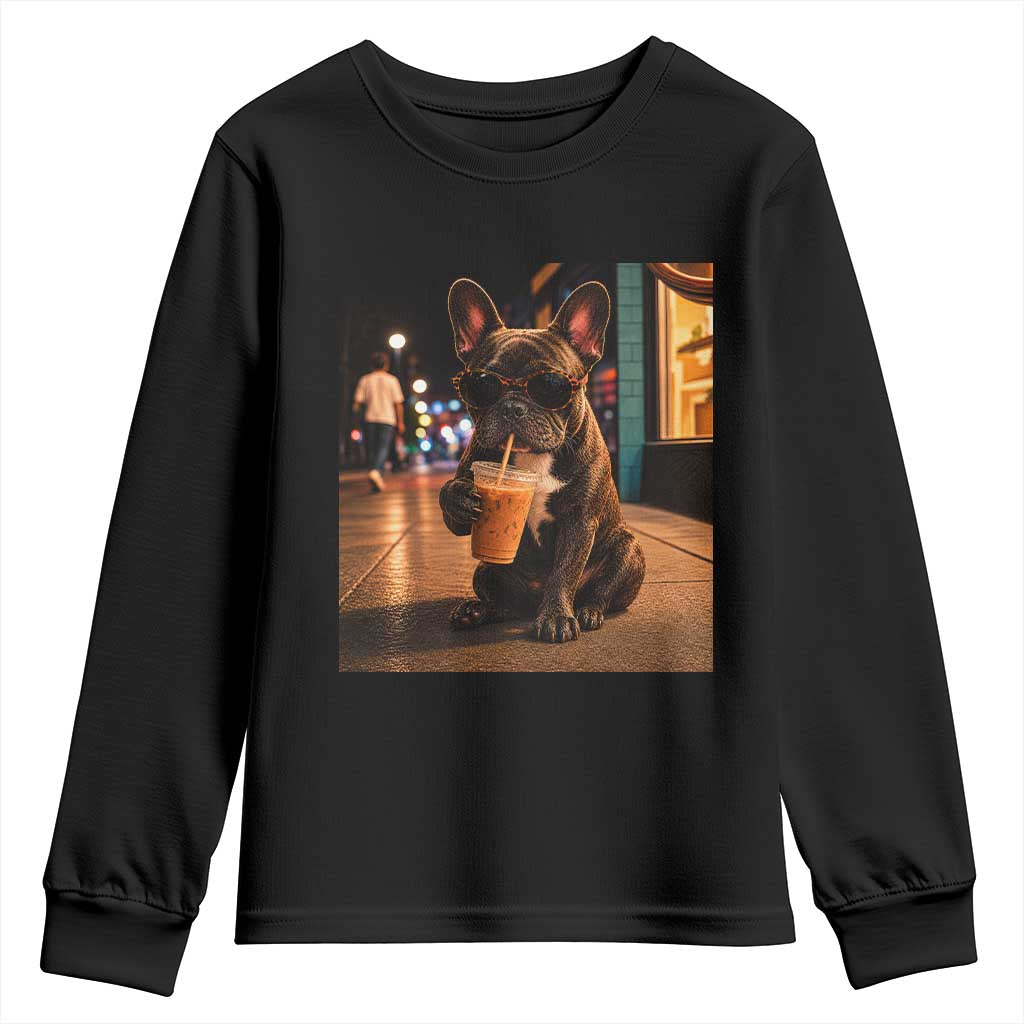 French Bulldog Iced Coffee Youth Sweatshirt Grunge Frenchie Graphic Funny Dog Lover TS10 Black Print Your Wear