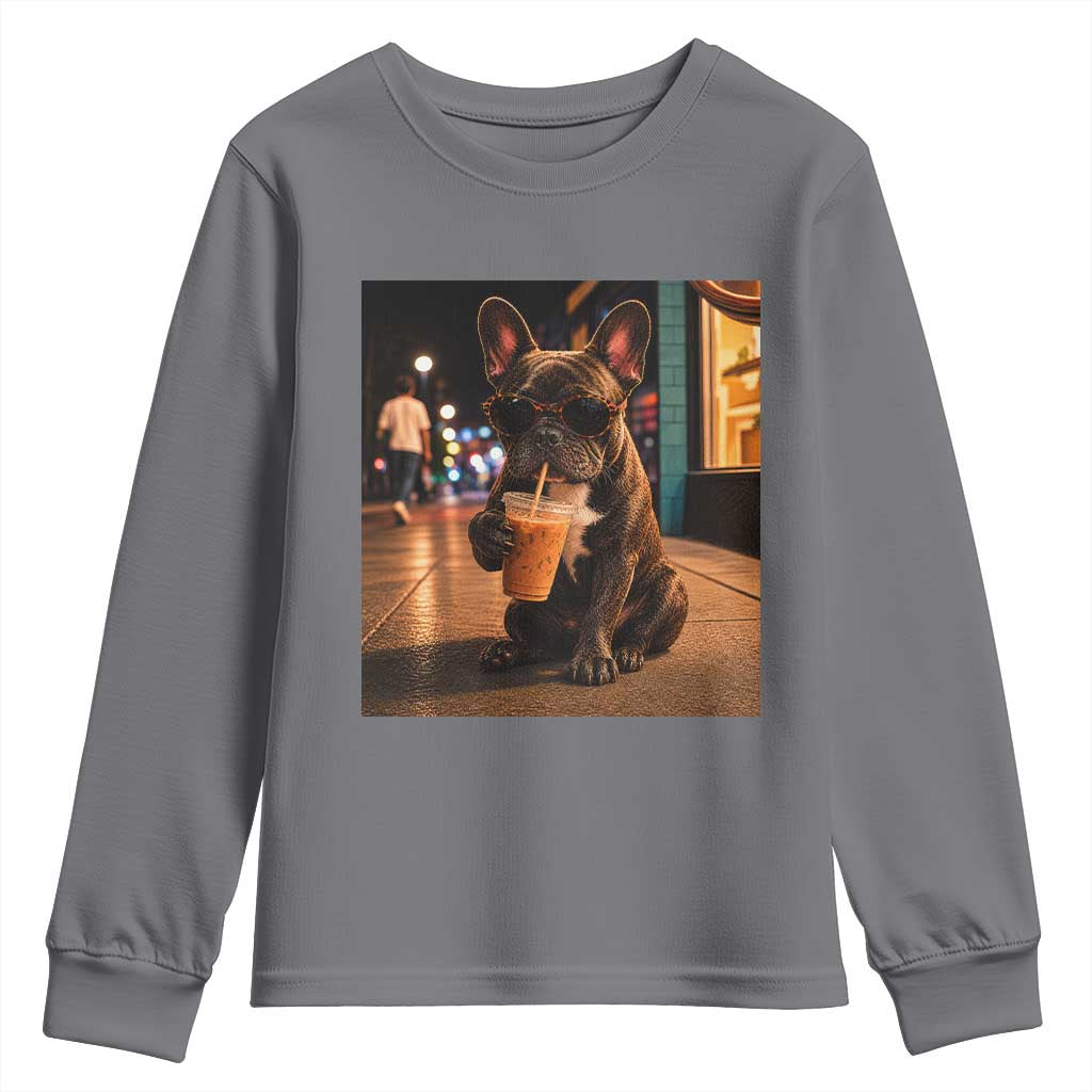French Bulldog Iced Coffee Youth Sweatshirt Grunge Frenchie Graphic Funny Dog Lover