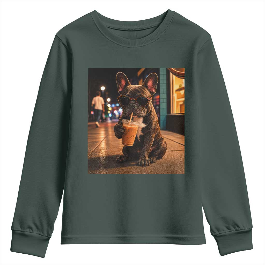French Bulldog Iced Coffee Youth Sweatshirt Grunge Frenchie Graphic Funny Dog Lover