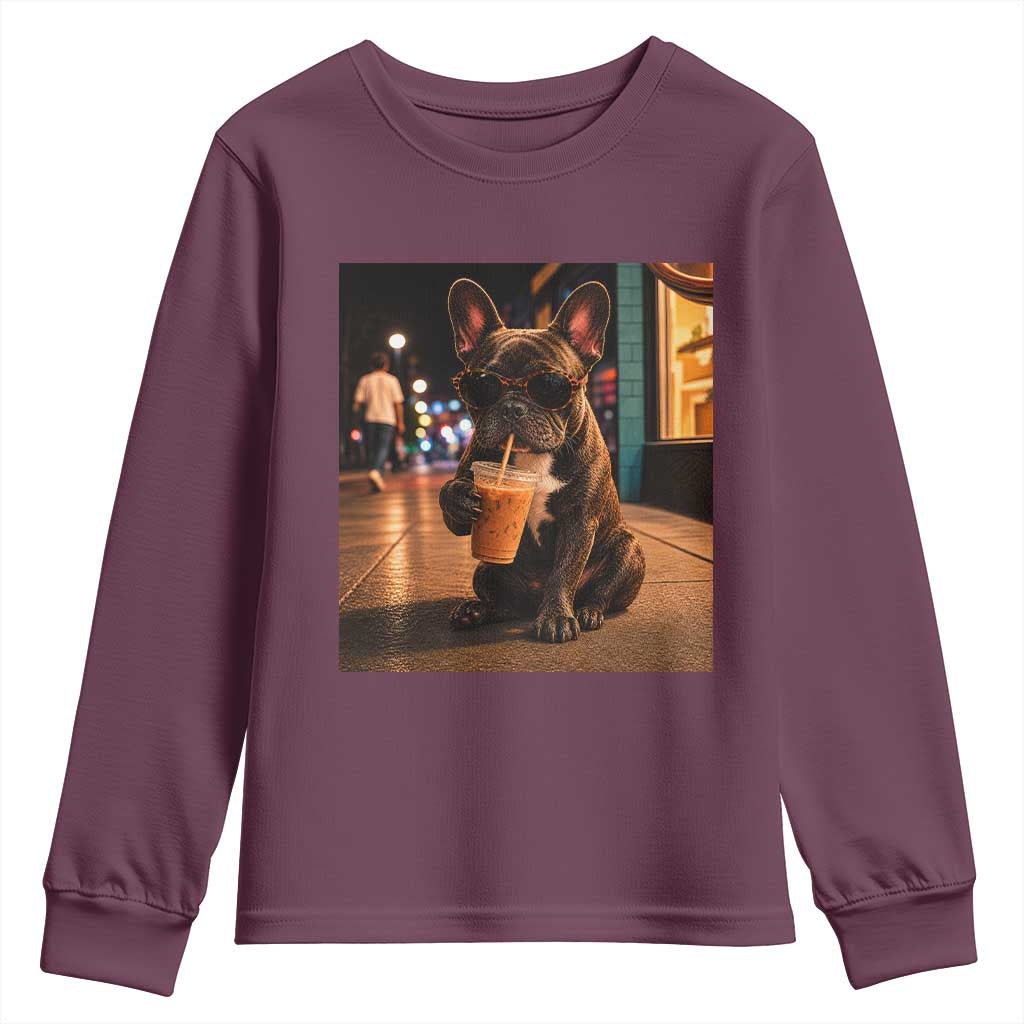 French Bulldog Iced Coffee Youth Sweatshirt Grunge Frenchie Graphic Funny Dog Lover
