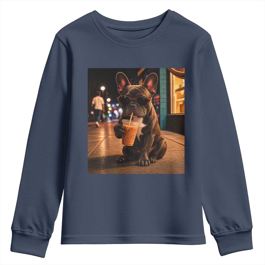 French Bulldog Iced Coffee Youth Sweatshirt Grunge Frenchie Graphic Funny Dog Lover