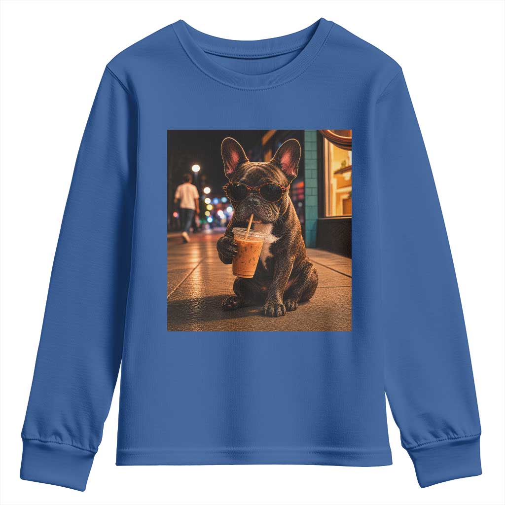 French Bulldog Iced Coffee Youth Sweatshirt Grunge Frenchie Graphic Funny Dog Lover