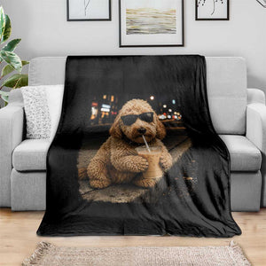 Goldendoodle Drinking Iced Coffee Throw Blanket Grunge Graphic Funny Dog Lover