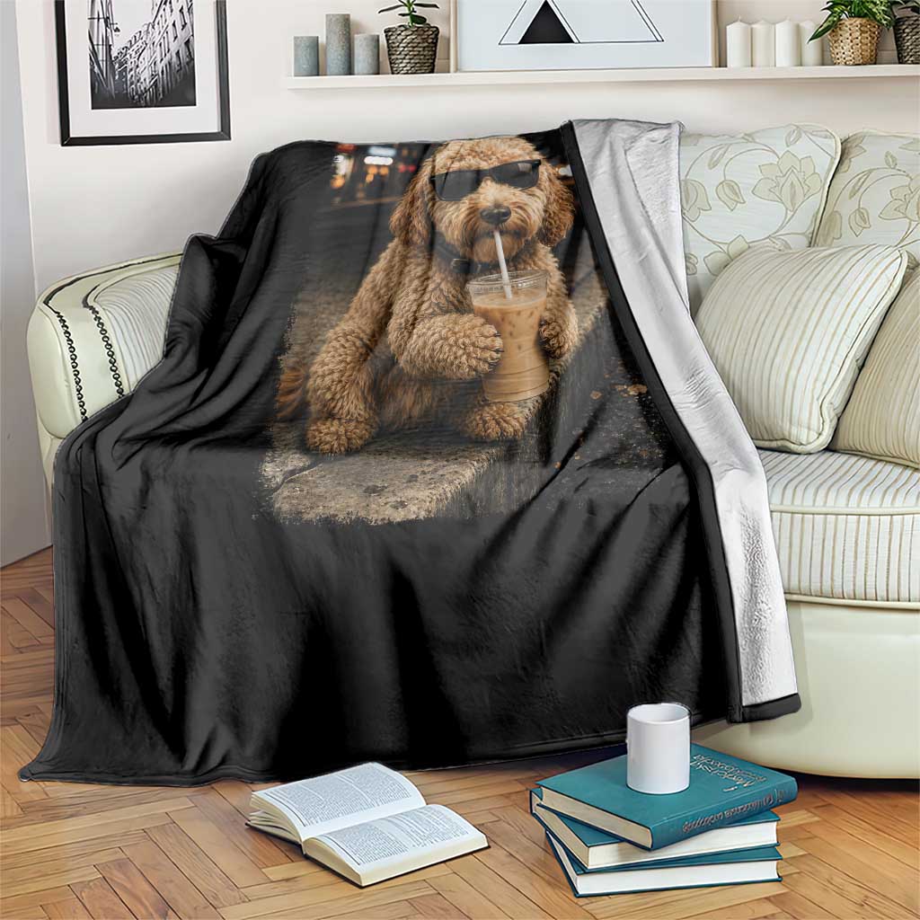 Goldendoodle Drinking Iced Coffee Throw Blanket Grunge Graphic Funny Dog Lover