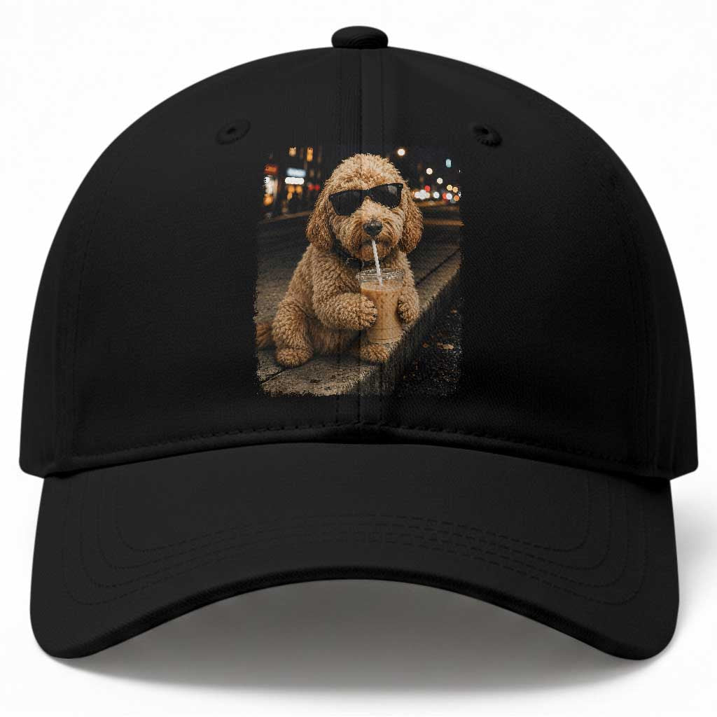 Goldendoodle Drinking Iced Coffee Baseball Cap Grunge Graphic Funny Dog Lover