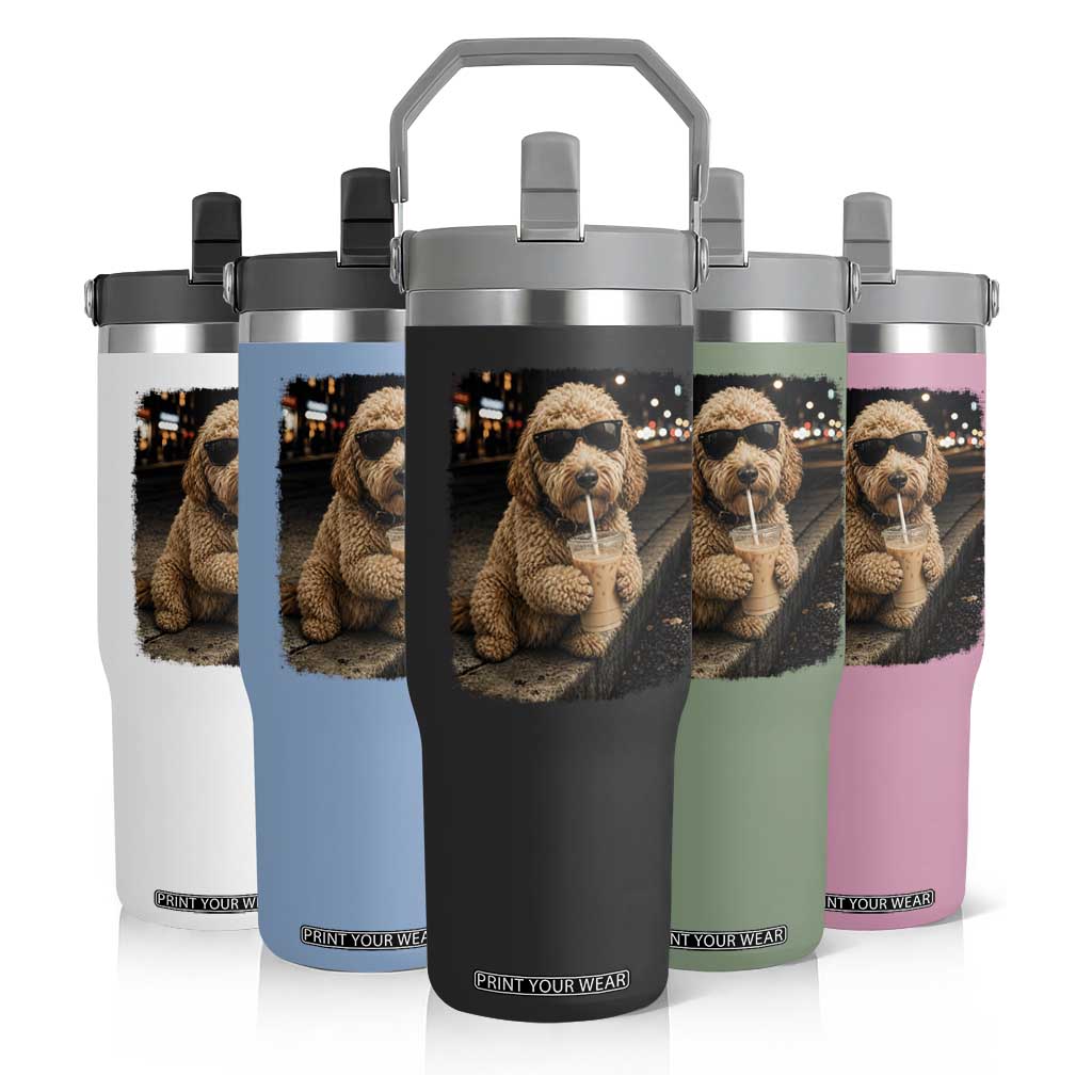 Goldendoodle Drinking Iced Coffee Flip Straw Tumbler Grunge Graphic Funny Dog Lover