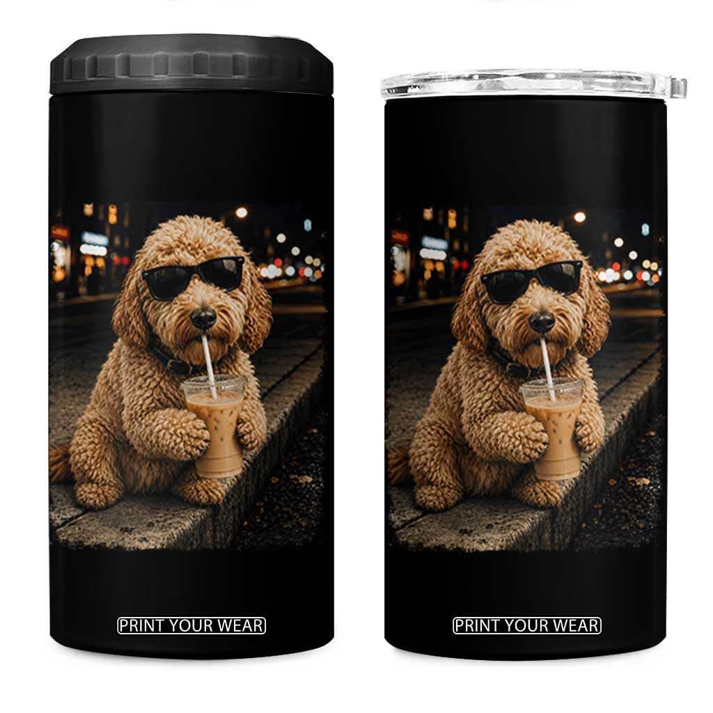 Goldendoodle Drinking Iced Coffee 4 in 1 Can Cooler Tumbler Grunge Graphic Funny Dog Lover