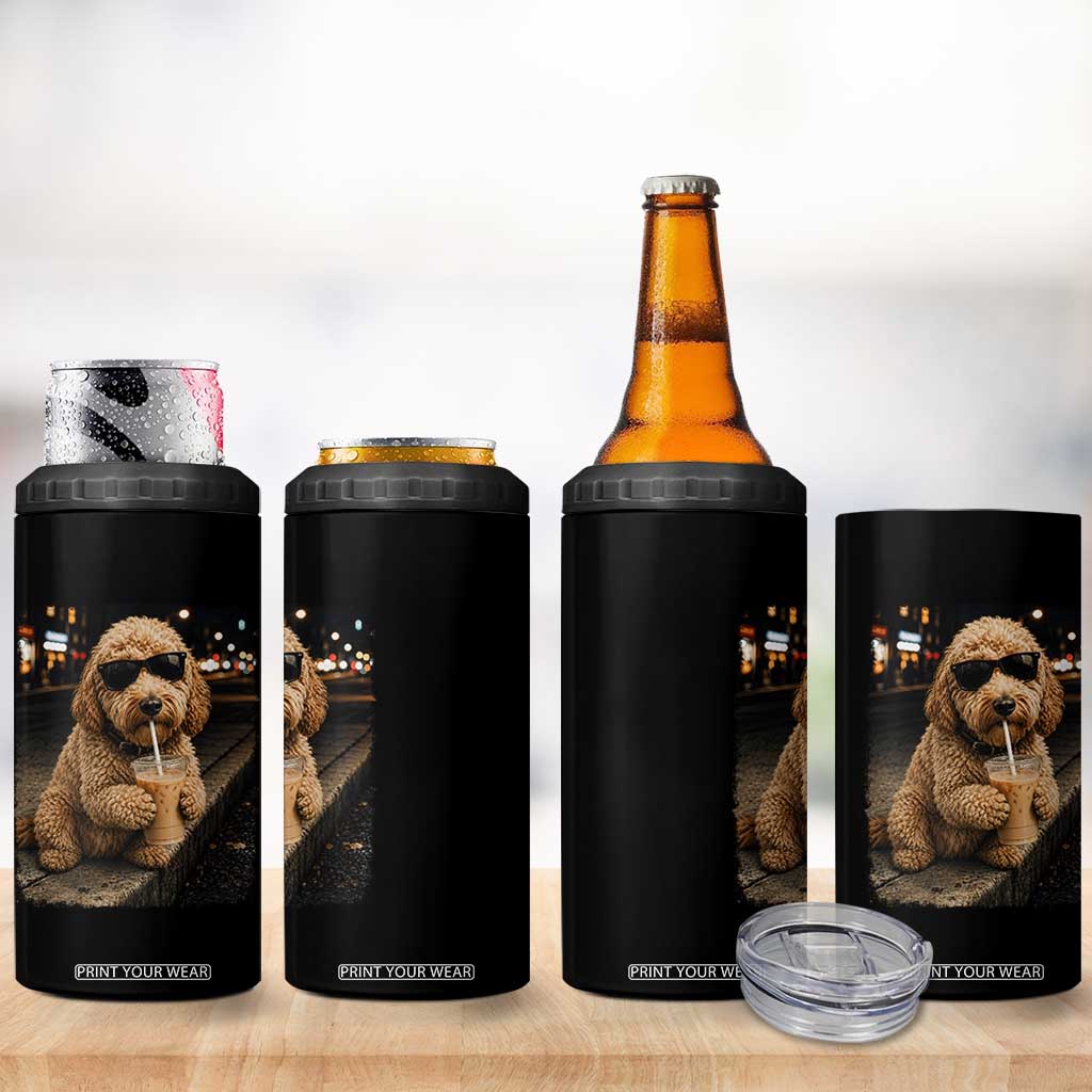 Goldendoodle Drinking Iced Coffee 4 in 1 Can Cooler Tumbler Grunge Graphic Funny Dog Lover