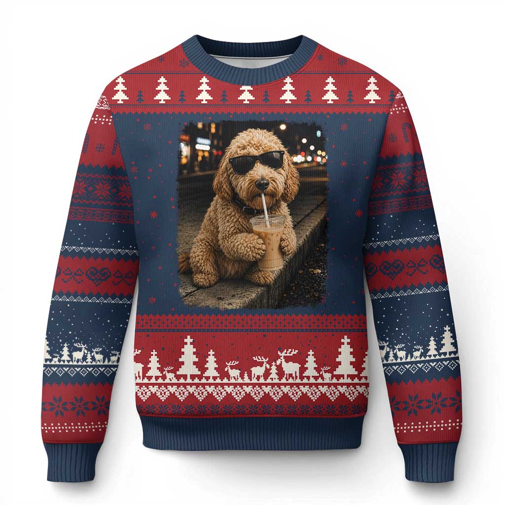 Goldendoodle Drinking Iced Coffee Ugly Christmas Sweater Grunge Graphic Funny Dog Lover