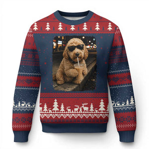 Goldendoodle Drinking Iced Coffee Ugly Christmas Sweater Grunge Graphic Funny Dog Lover