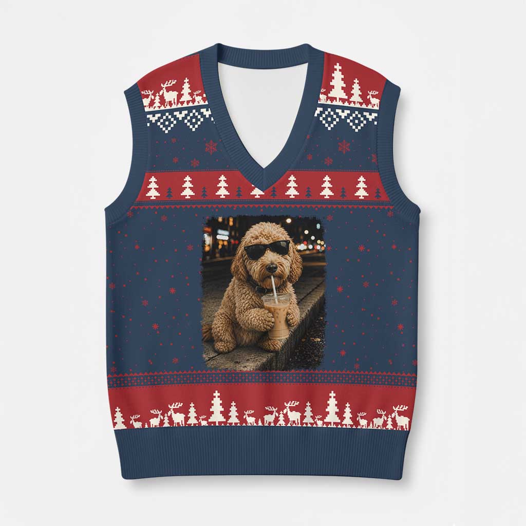 Goldendoodle Drinking Iced Coffee V-Neck Knit Sweater Vest Grunge Graphic Funny Dog Lover TS10 Navy Red Print Your Wear