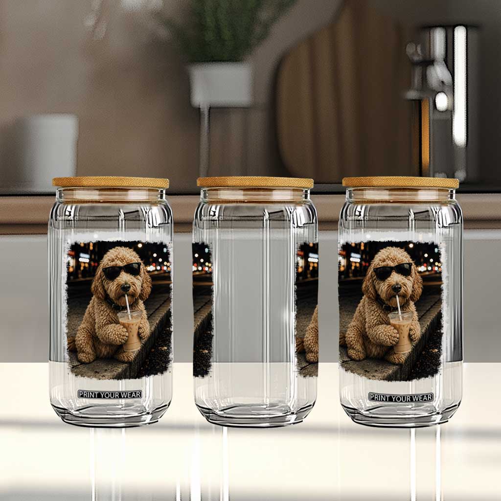 Goldendoodle Drinking Iced Coffee Glass Can Grunge Graphic Funny Dog Lover