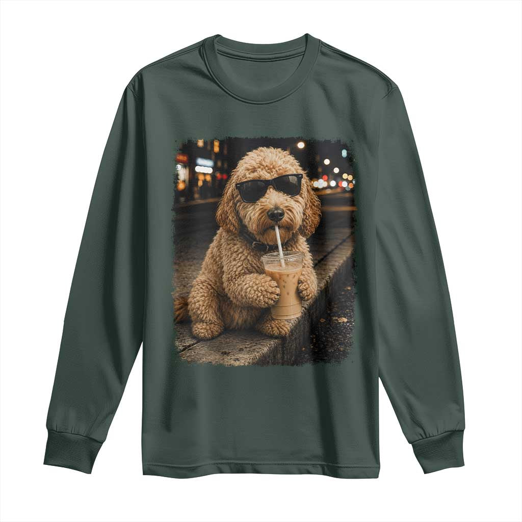 Goldendoodle Drinking Iced Coffee Long Sleeve Shirt Grunge Graphic Funny Dog Lover