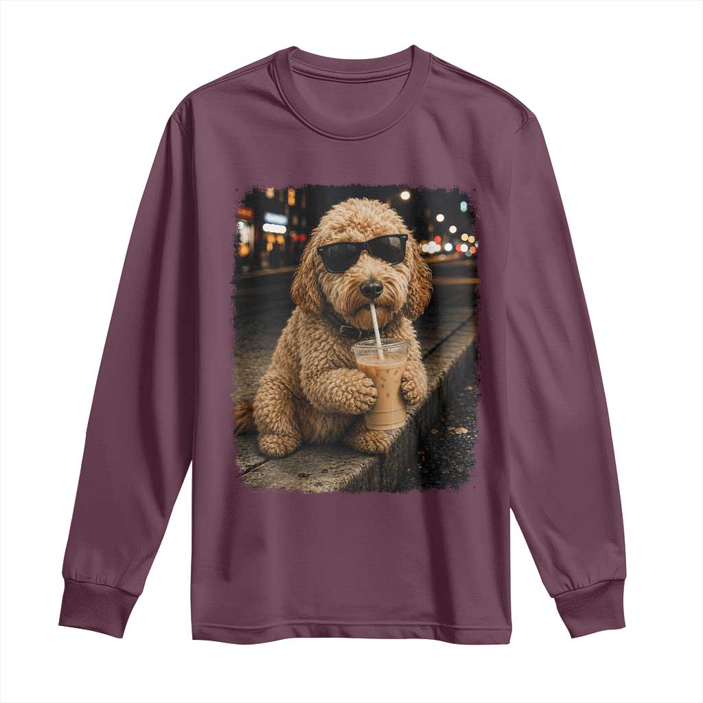 Goldendoodle Drinking Iced Coffee Long Sleeve Shirt Grunge Graphic Funny Dog Lover
