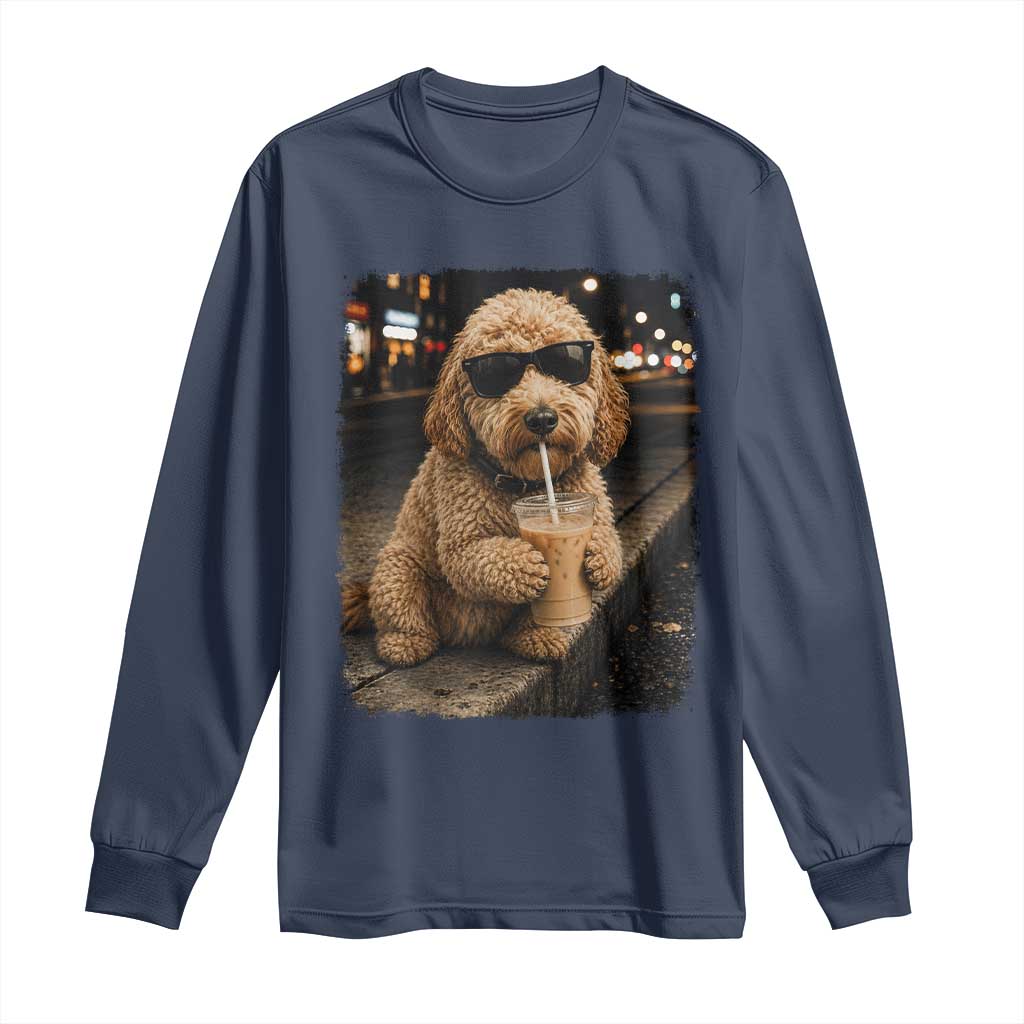 Goldendoodle Drinking Iced Coffee Long Sleeve Shirt Grunge Graphic Funny Dog Lover