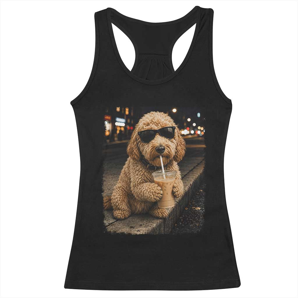 Goldendoodle Drinking Iced Coffee Racerback Tank Top Grunge Graphic Funny Dog Lover