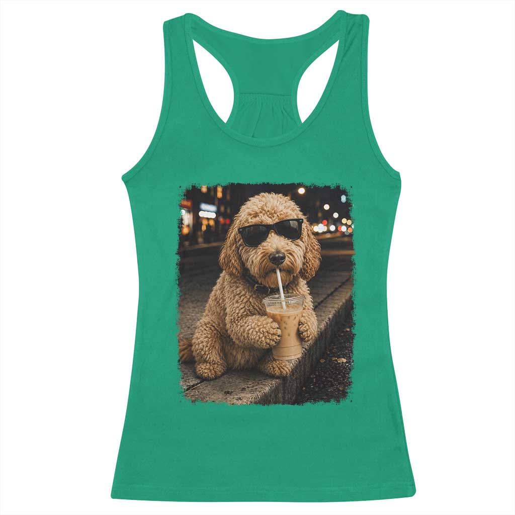 Goldendoodle Drinking Iced Coffee Racerback Tank Top Grunge Graphic Funny Dog Lover