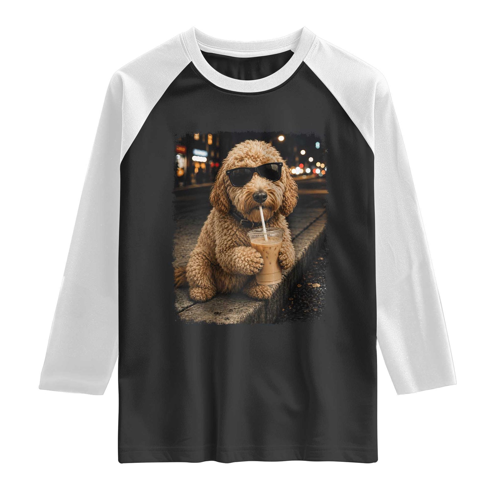 Goldendoodle Drinking Iced Coffee Raglan Shirt Grunge Graphic Funny Dog Lover TS10 Black White Print Your Wear
