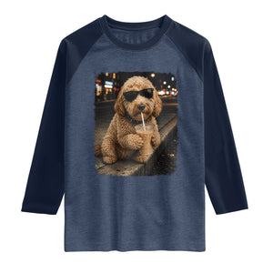 Goldendoodle Drinking Iced Coffee Raglan Shirt Grunge Graphic Funny Dog Lover