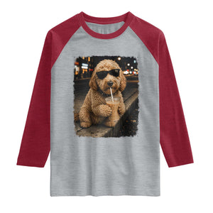 Goldendoodle Drinking Iced Coffee Raglan Shirt Grunge Graphic Funny Dog Lover