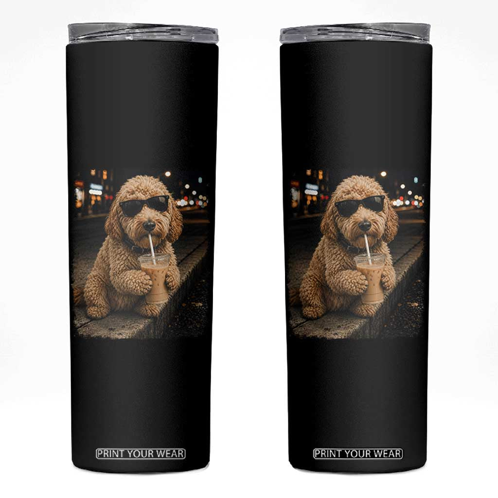 Goldendoodle Drinking Iced Coffee Skinny Tumbler Grunge Graphic Funny Dog Lover