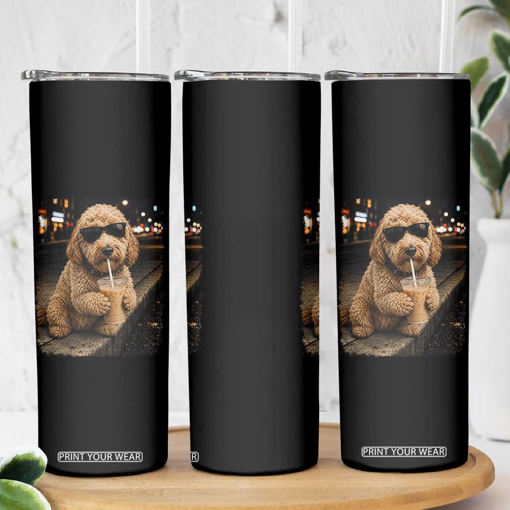 Goldendoodle Drinking Iced Coffee Skinny Tumbler Grunge Graphic Funny Dog Lover