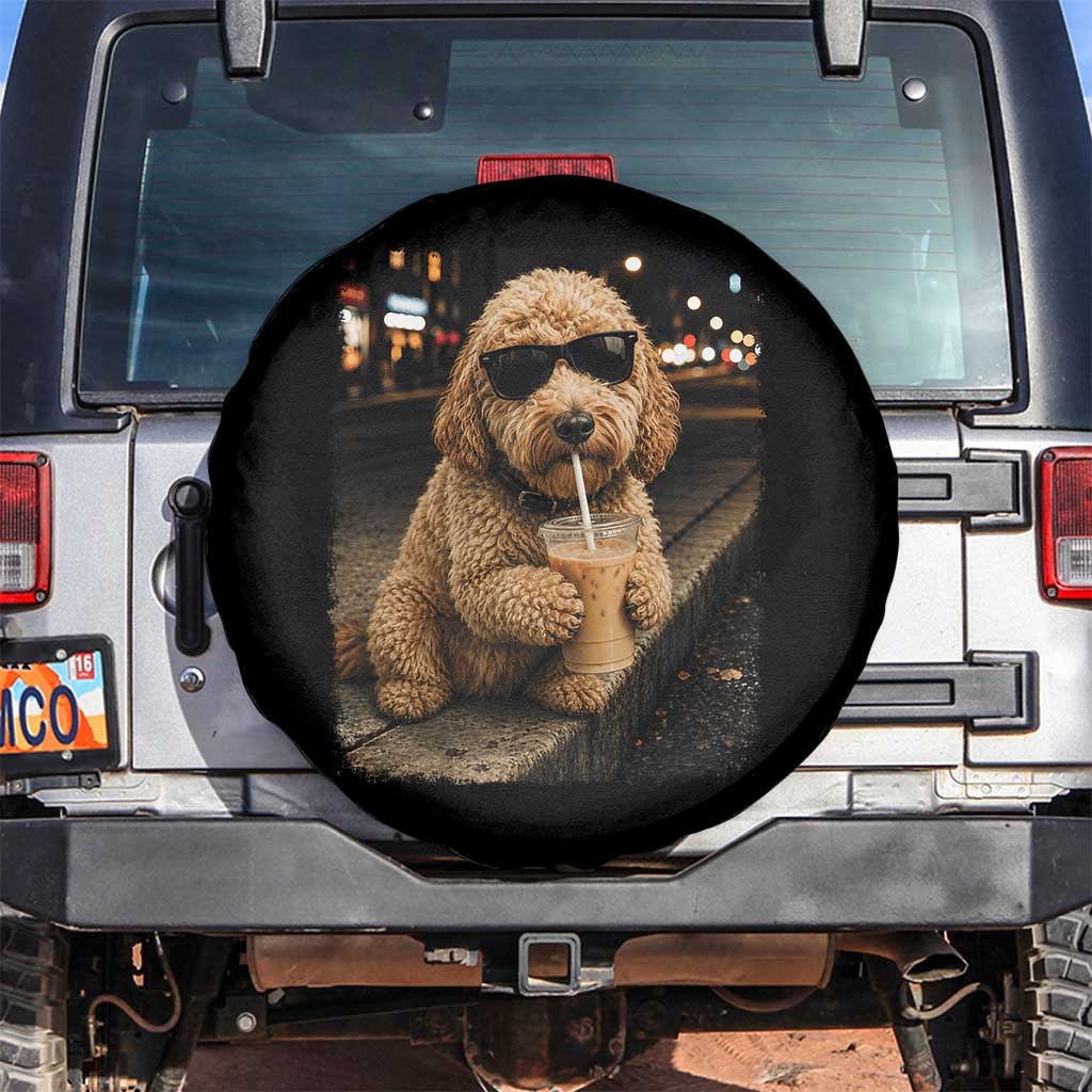 Goldendoodle Drinking Iced Coffee Spare Tire Cover Grunge Graphic Funny Dog Lover TS10 No hole Black Print Your Wear