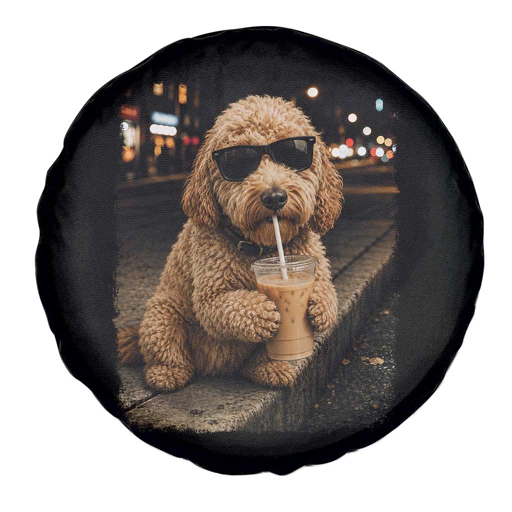 Goldendoodle Drinking Iced Coffee Spare Tire Cover Grunge Graphic Funny Dog Lover