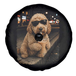Goldendoodle Drinking Iced Coffee Spare Tire Cover Grunge Graphic Funny Dog Lover