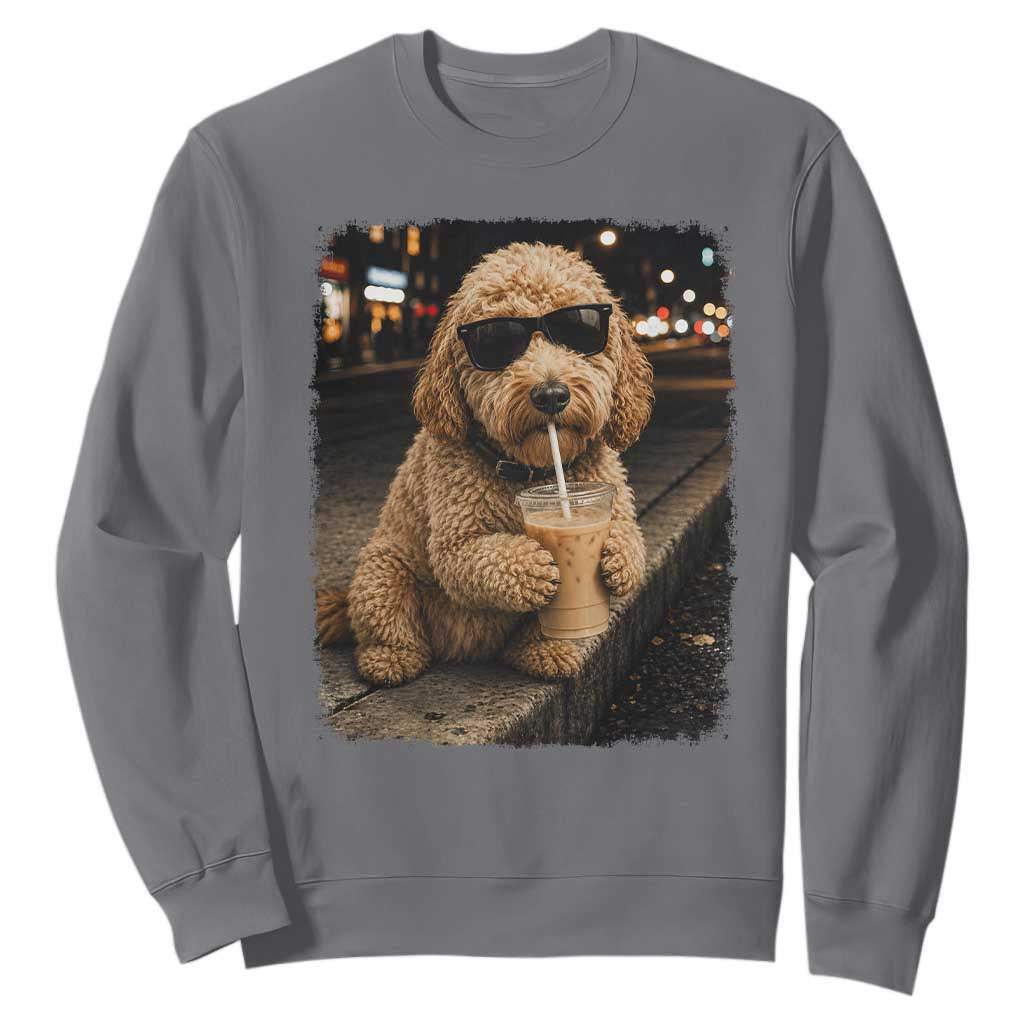 Goldendoodle Drinking Iced Coffee Sweatshirt Grunge Graphic Funny Dog Lover