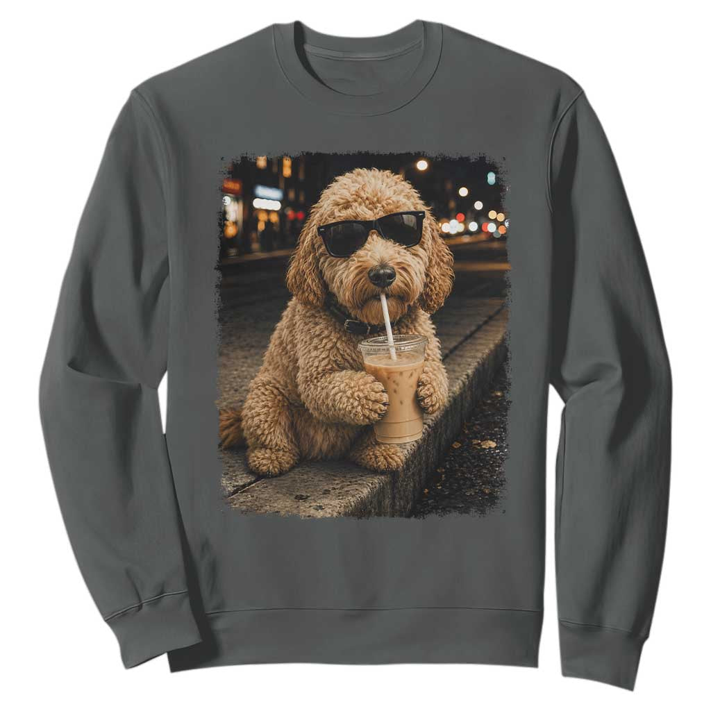Goldendoodle Drinking Iced Coffee Sweatshirt Grunge Graphic Funny Dog Lover