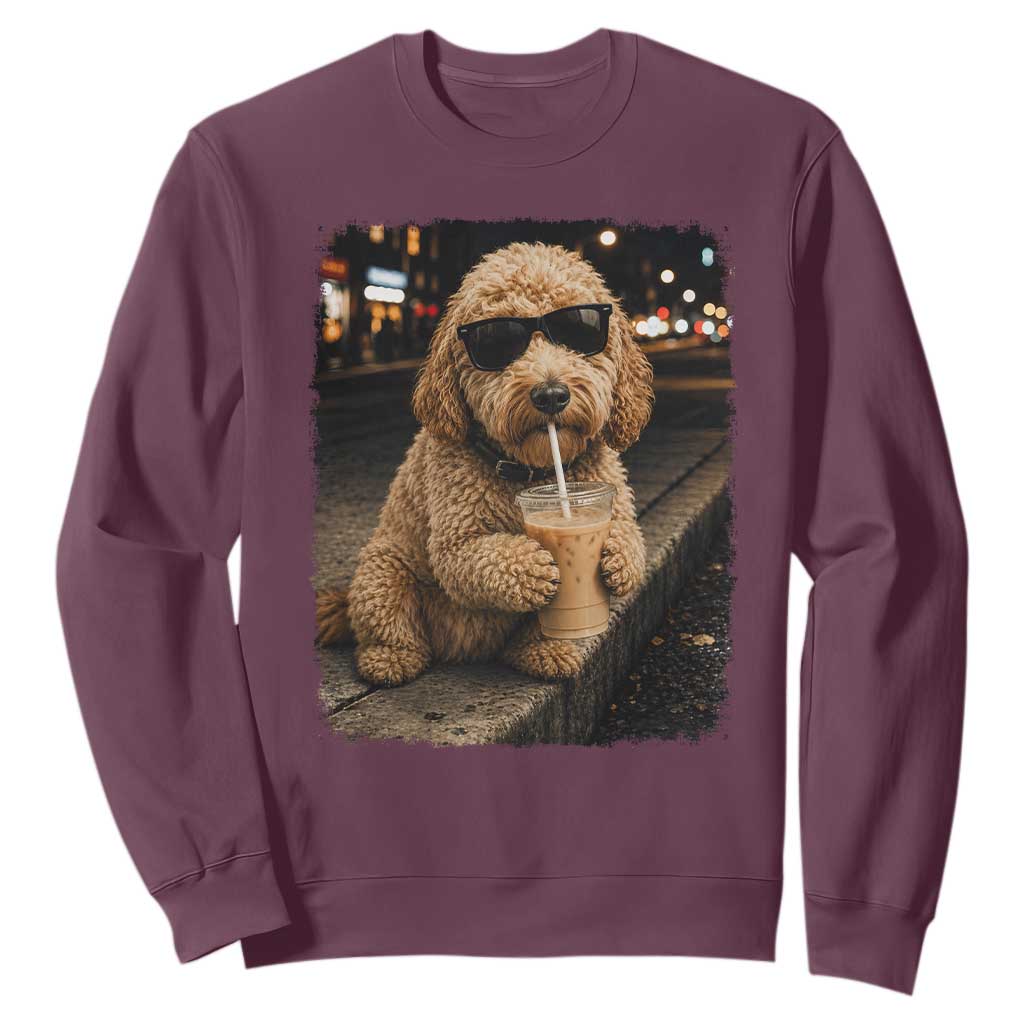 Goldendoodle Drinking Iced Coffee Sweatshirt Grunge Graphic Funny Dog Lover