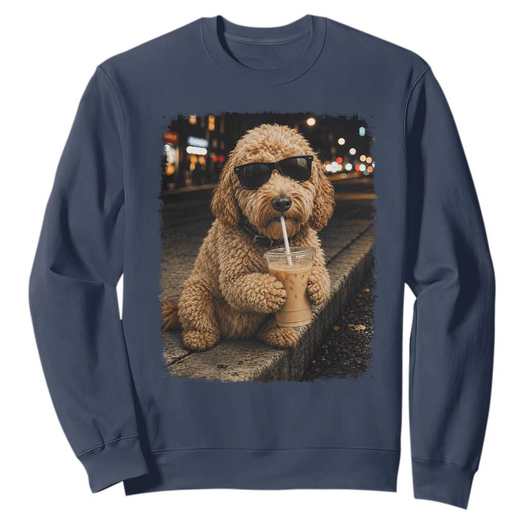 Goldendoodle Drinking Iced Coffee Sweatshirt Grunge Graphic Funny Dog Lover