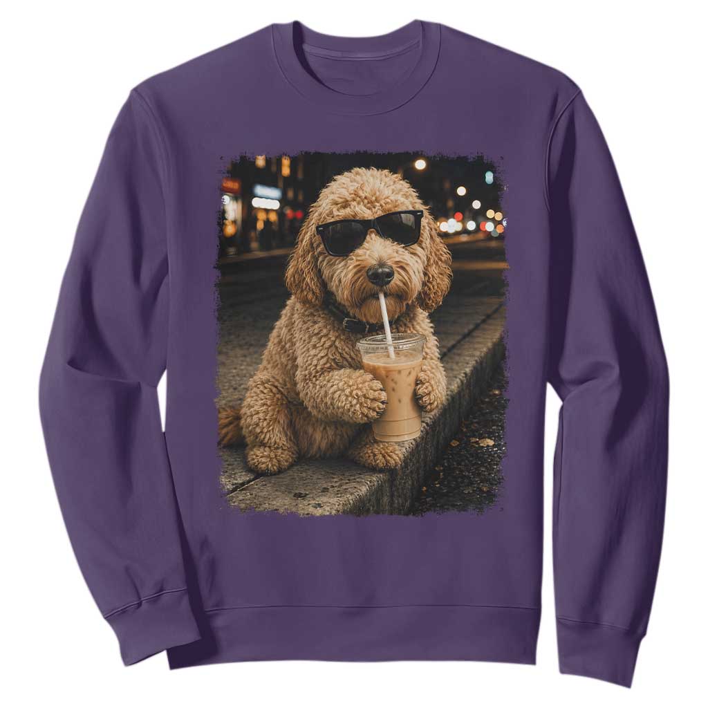Goldendoodle Drinking Iced Coffee Sweatshirt Grunge Graphic Funny Dog Lover
