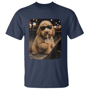 Goldendoodle Drinking Iced Coffee T Shirt Grunge Graphic Funny Dog Lover