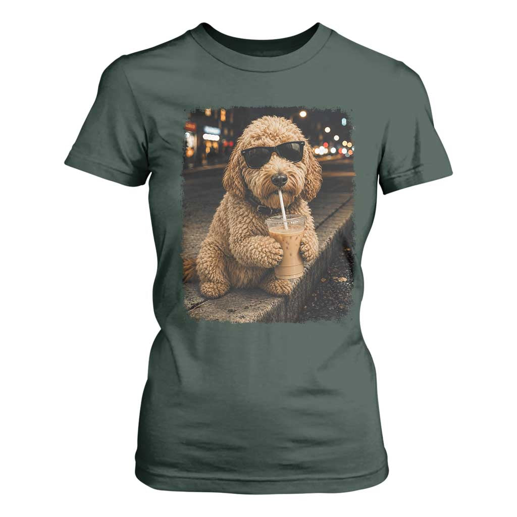 Goldendoodle Drinking Iced Coffee T Shirt For Women Grunge Graphic Funny Dog Lover
